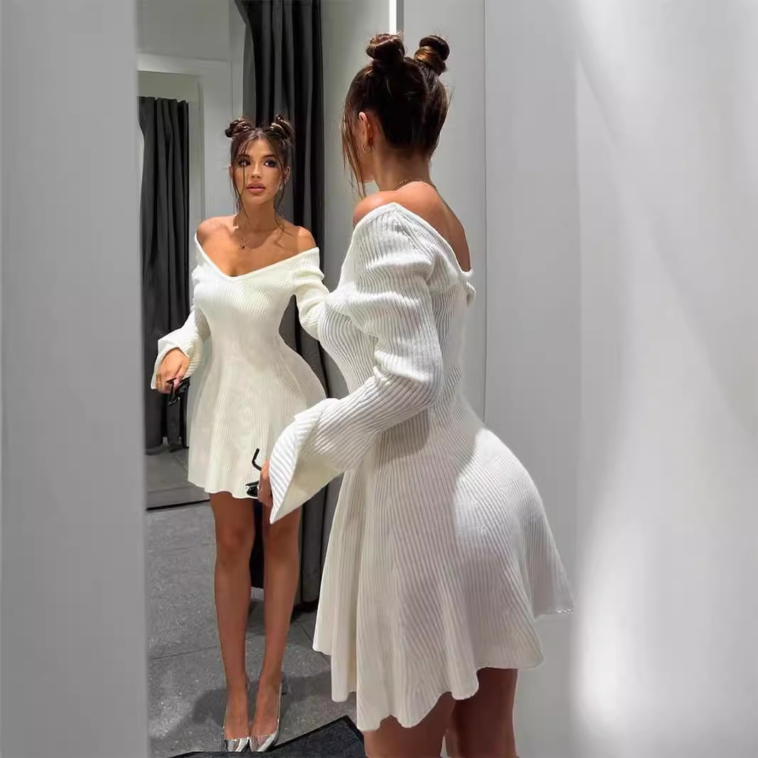 GraceChic Abito in maglia a trapezio con volant, a maniche lunghe, sexy, stile europeo e americano, con scollo a V, autunno inverno_voghion.com