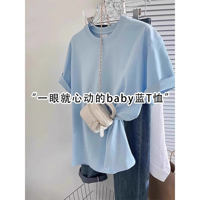Pure Cotton Baby Blue Short-Sleeved T-Shirt for Women 2025 New Summer Hot Style Fashionable and Versatile Pure Color Large Size T-Shirt Top
