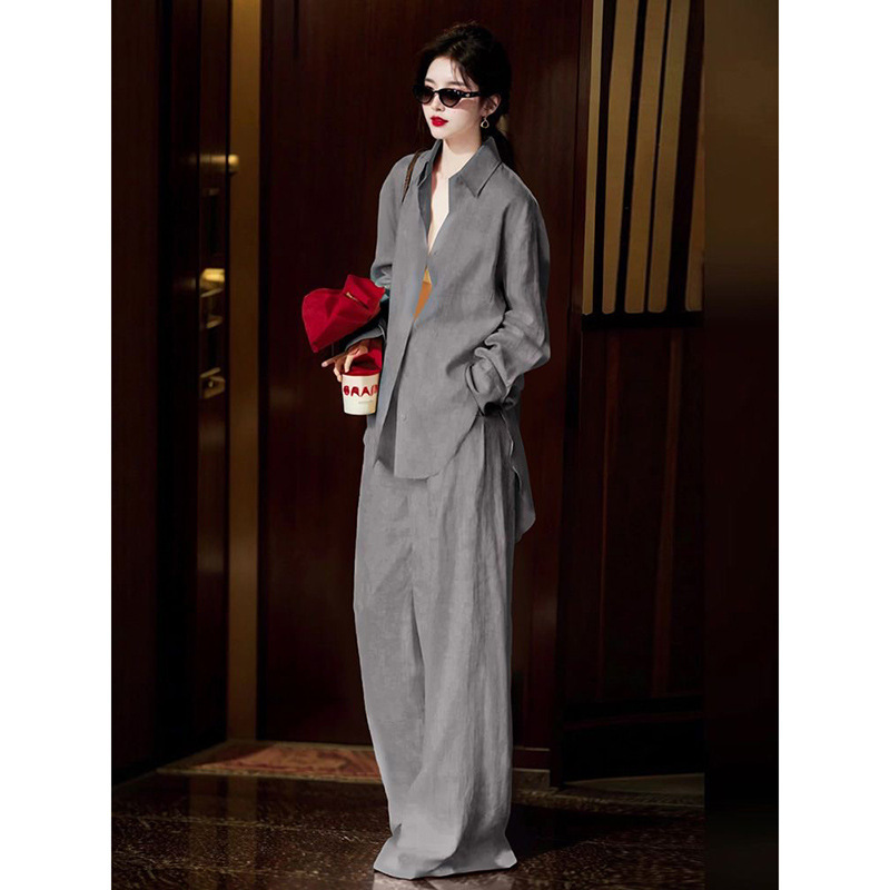 Gray Fashionable Shirt Suit for Women, Summer Korean Style, Lazy, High-End, Light Luxury, Mature, Stable, Elegant, Two-Piece Set with Long Pants Gray Fashionable Shirt Suit for Women, Summer Korean Style, Lazy, High-End, Light Luxury, Mature, Stable, Elegant, Two-Piece Set with Long Pants