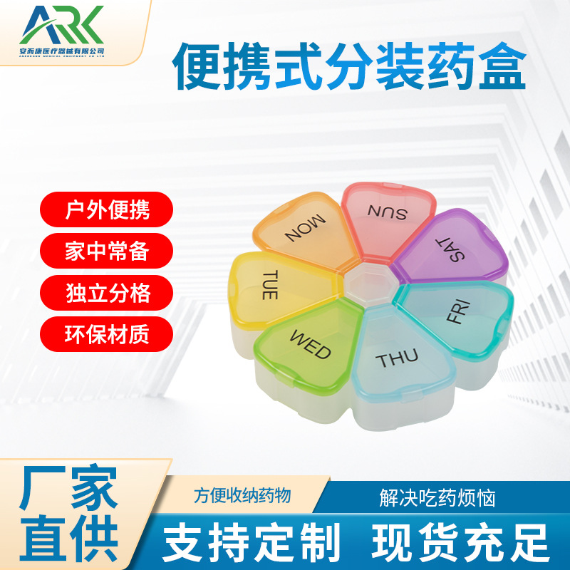 亚马逊圆盘花瓣小药盒一周7天分格收纳盒彩虹色迷你药丸盒子药片