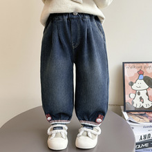 女童牛仔裤2025秋冬季新款洋气外穿宽松直筒裤子花边保暖加绒长裤