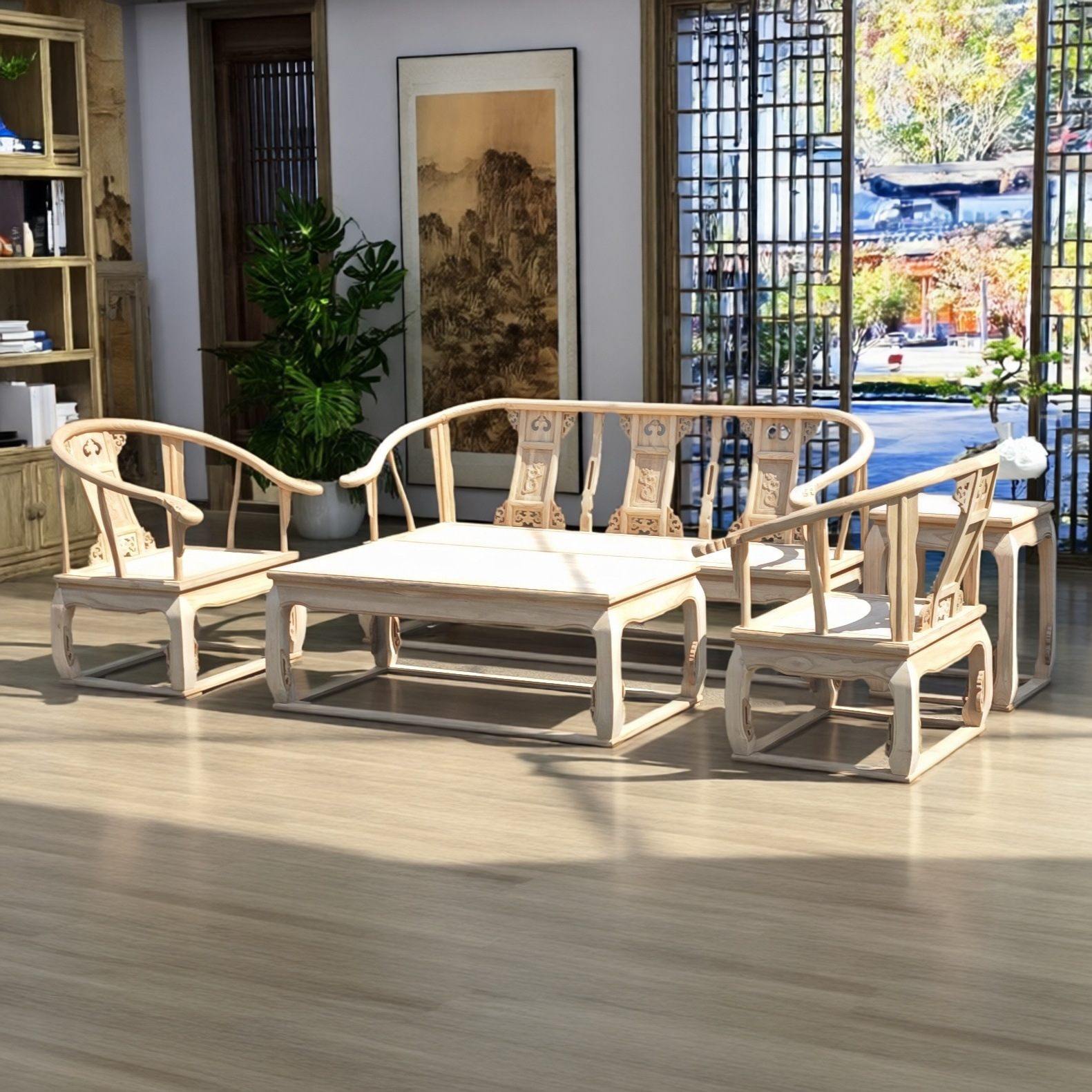 Antique Solid Wood Furniture Chinese Style Living Room Sofa Combination Chair Elm Palace Chair Taishi Chair Sofa Small Apartment White Embryo