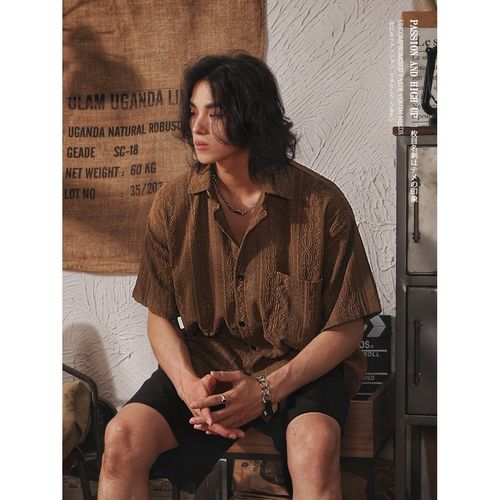 Japanese retro niche design sense hollow short-sleeve shirt for men, summer ethnic style casual cool handsome loose top trendy