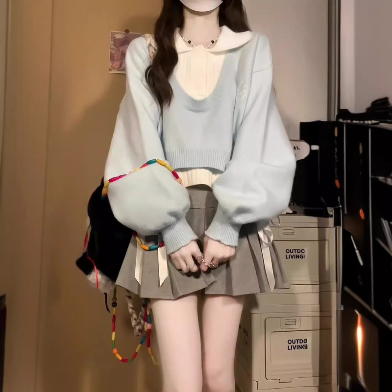 2026 Spring and Autumn New Style Korean Style Outfit College Style Two-Piece Set Knitted Polo Collar Top Pullover Sweater