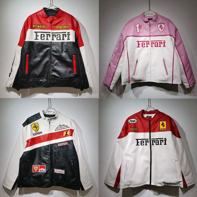 American retro Ferrari leather jacket cycling jacket with logo embroidery, unisex casual PU leather jacket, trendy outerwear