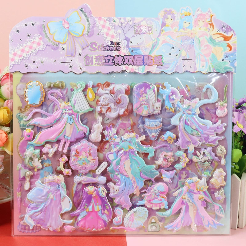 3D-наклейки в стиле Q-версии с большими глазами, милые наклейки-принты для переодевания кукол-русалок и маленьких ангелочков, наклейки-пузырьки в древнем стиле с изображением красивой девочки-эльфа