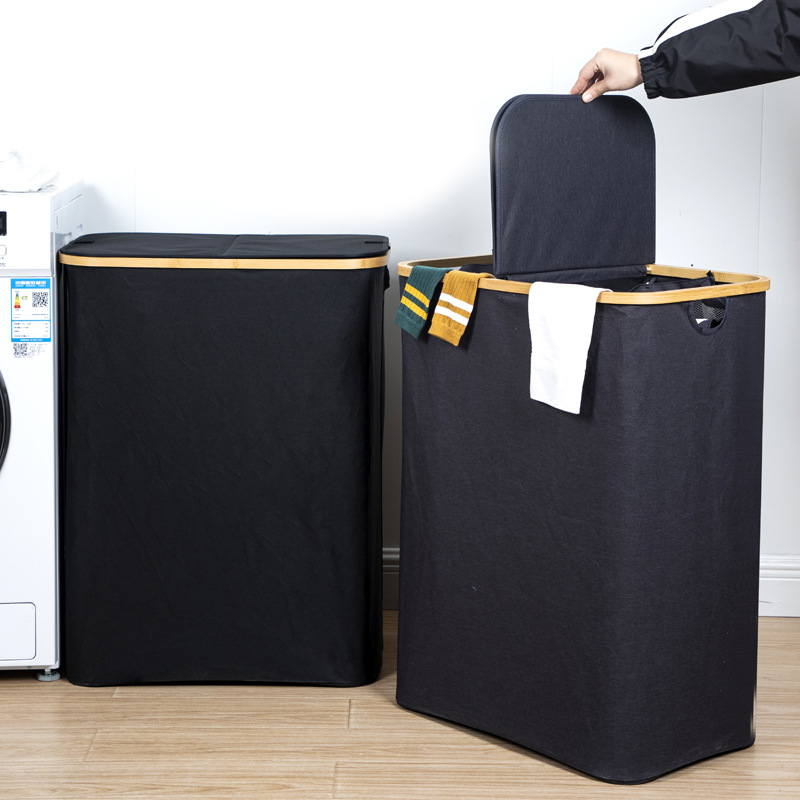 Doble cubo anillo de bambú cesta de la ropa sucia cesta de almacenamiento de ropa hogar Baño plegable cesta de la ropa cubo de la ropa