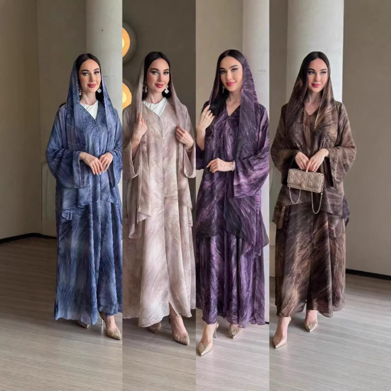 Tie-Dye Printed Spring and Summer Casual Long-Sleeved Coat, Robe, Elegant Dress for Women Without a Headscarf