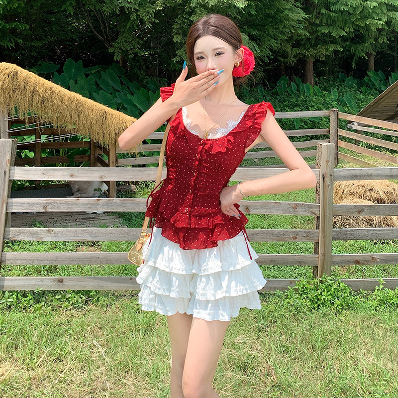 Red Round Neck, Small Flying Sleeves, Polka Dot Shirt, White Ruffle Top + High Waist Ballet Skirt, Cake Skirt, Short Skirt