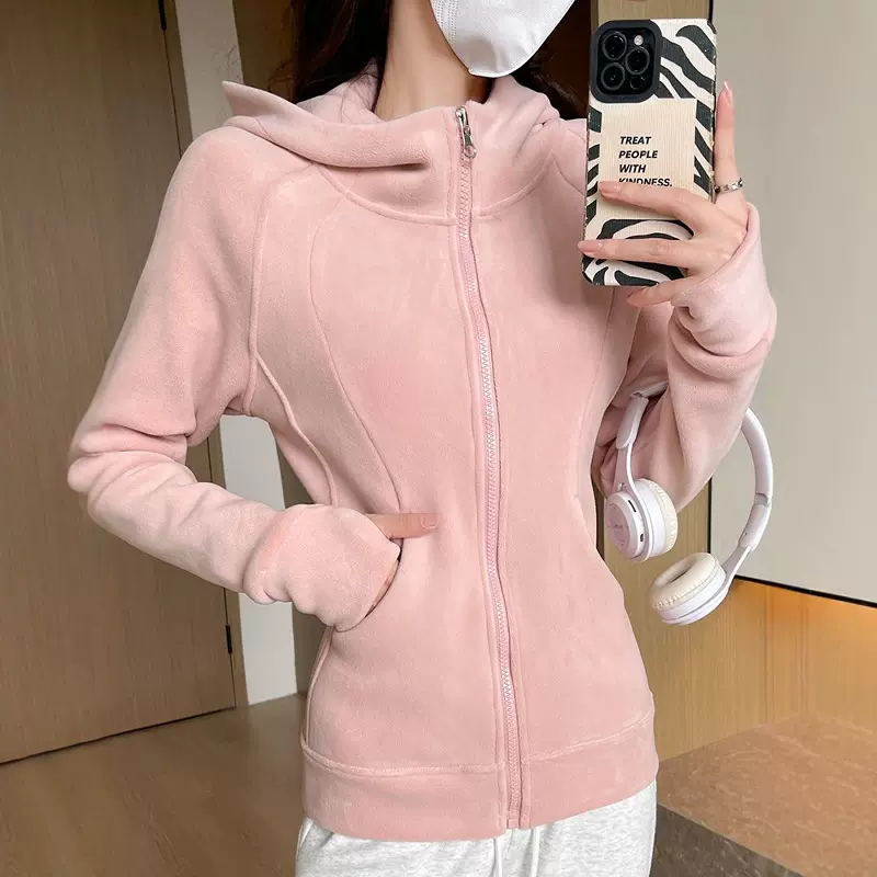 连帽卫衣女秋冬季加绒双面绒修身运动韩系开衫美式摇粒绒外套上衣