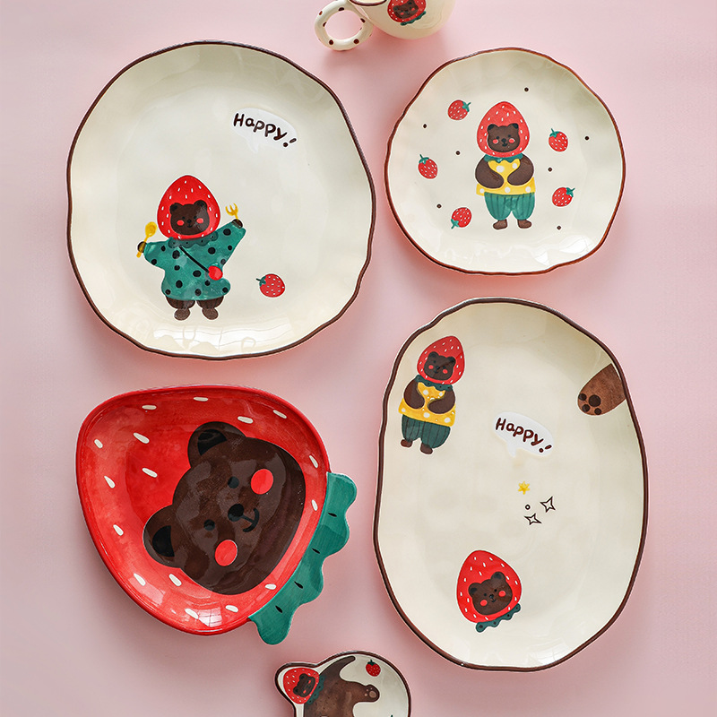 Muy hermoso tazón de fresa oso plato traje hogar vajilla de cerámica lindo de alto aspecto tazón plato palillos cuchara combinación