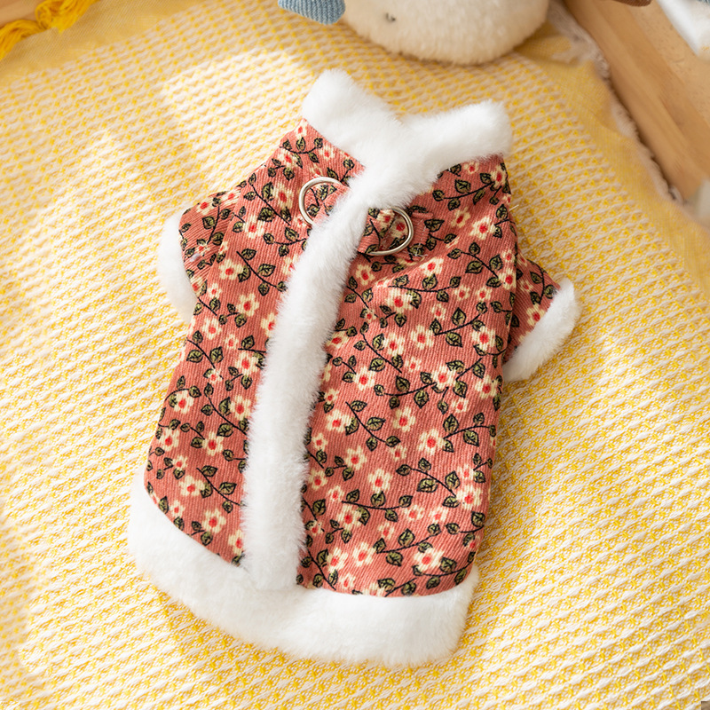 Otoño y invierno retro tracción de flores de algodón de dos patas perros pequeños que osos de peluche dos patas gruesas ropa de perro de mascota