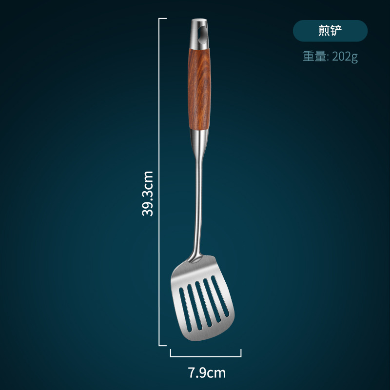 304 espátula de acero inoxidable utensilios de cocina traje de cocina pala hogar palo de rosa mango de madera cuchara de sopa de acero inoxidable colador freír pala