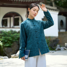 新款中式上衣双层禅意茶服中国风提花棉麻短外套唐装女装