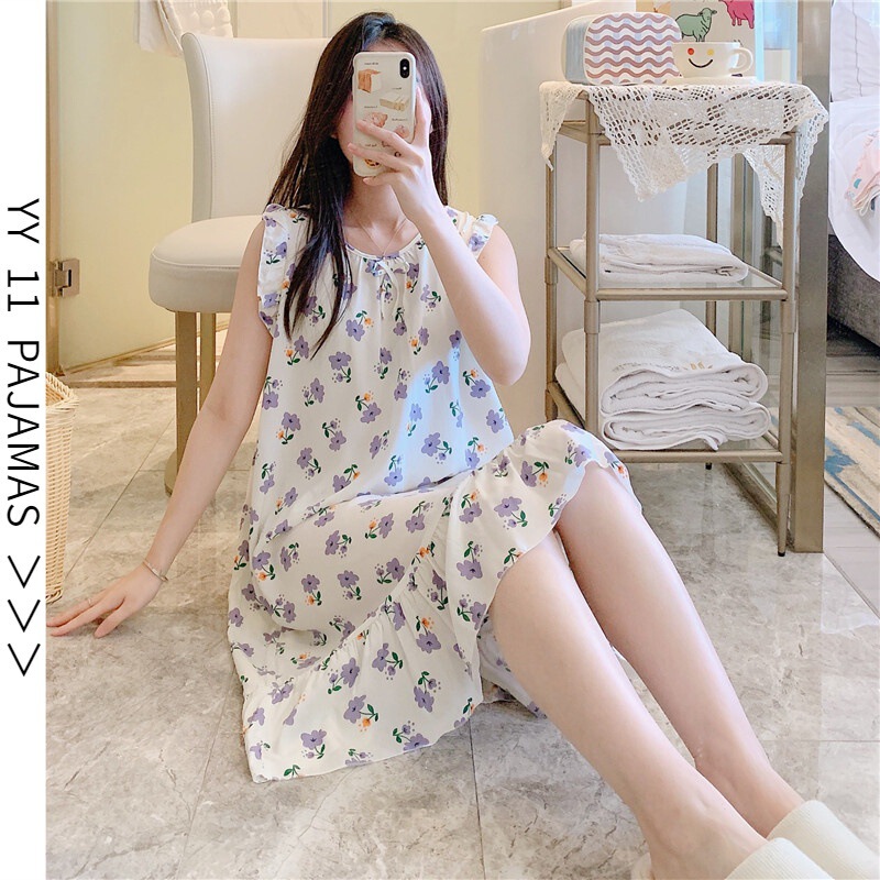 YY New Princess Style Cotton Silk Nightdress Female Summer Student Pregnant Women Cartoon plus size Nightdress Sweet Cute Home Clothes
