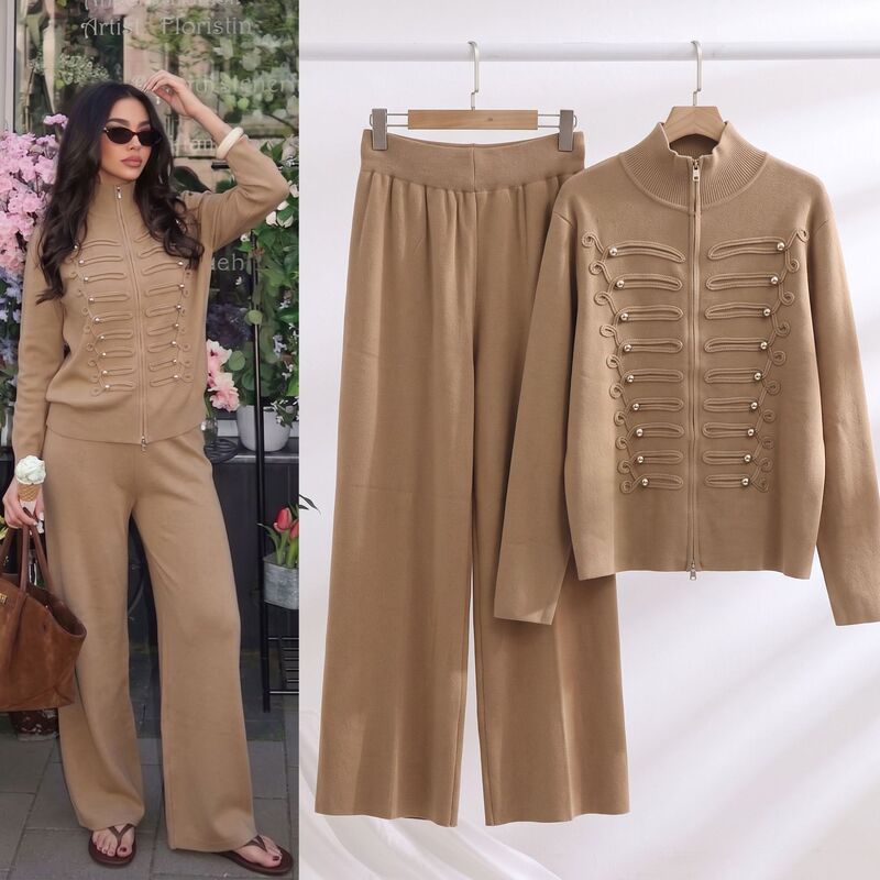 Foreign Trade Cross-Border Autumn and Winter Stand-Up Collar Zipper Knit Cardigan + Wide-Leg Long Pants Casual Fashion Two-Piece Set for Women Foreign Trade Cross-Border Autumn and Winter Stand-Up Collar Zipper Knit Cardigan + Wide-Leg Long Pants Casual Fashion Two-Piece Set for Women