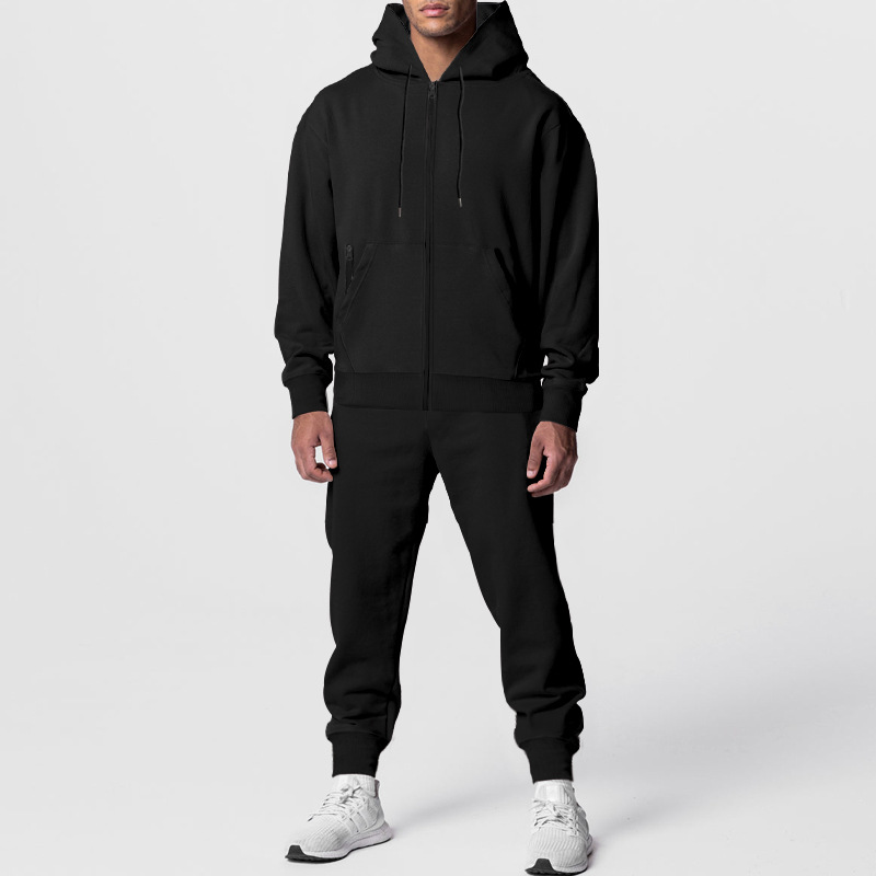 Herbst Winter Herren einfarbig Langarmhose mit Kapuze Sport Casual Fleece warm und bequem Anzug_voghion.com