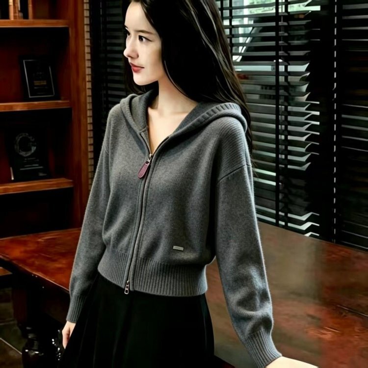 Trendy Korean-style double-zipper hooded knit cardigan, 2026 autumn/winter new collection, fashionable and casual, youthful short jacket