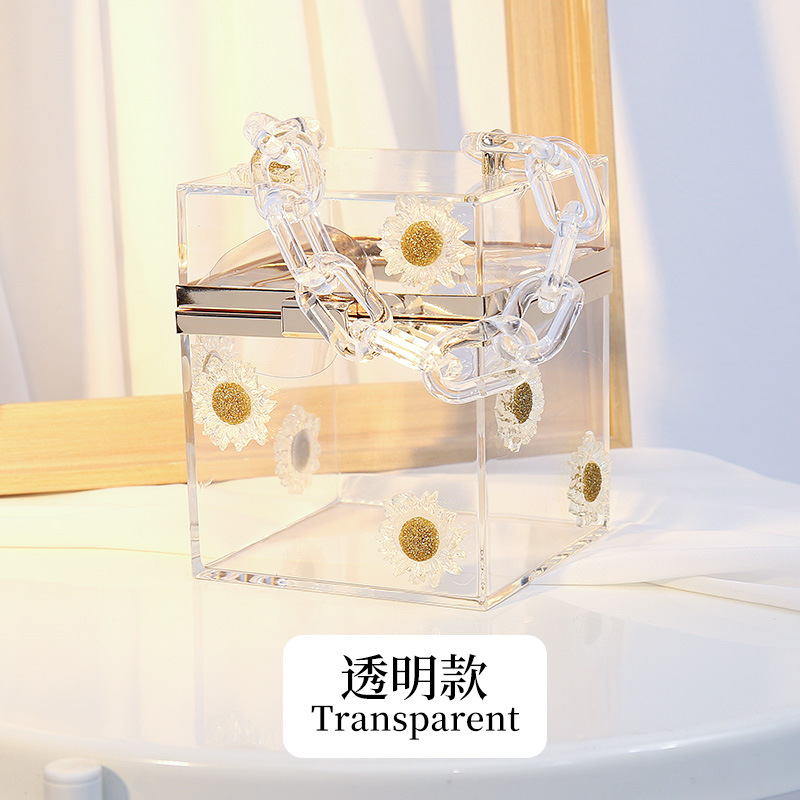 Creativo nuevo Margarita acrílico cadena de las mujeres caja cuadrada moda todo partido bolso transparente oblicuo bolso transfronterizo