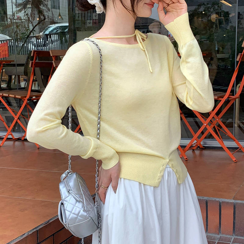 韩系氛围感早秋穿搭白色挂脖系带长袖针织衫女2025新款巨好看上衣|undefined