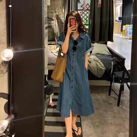 牛仔连衣裙女夏季2025新款复古短袖中长款收腰遮肉气质衬衫长裙子