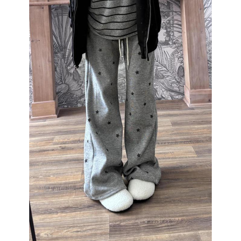 American-Style Star Print Gray Casual Pants for Women, New Spring/Summer High-Waisted Slimming Versatile Loose Sports Wide-Leg Pants American-Style Star Print Gray Casual Pants for Women, New Spring/Summer High-Waisted Slimming Versatile Loose Sports Wide-Leg Pants