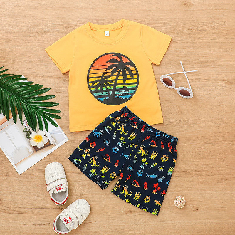 Children's Beach Print Shorts Set Summer Boys And Girls Short Sleeve T-shirt 2 Piece Set display picture 3