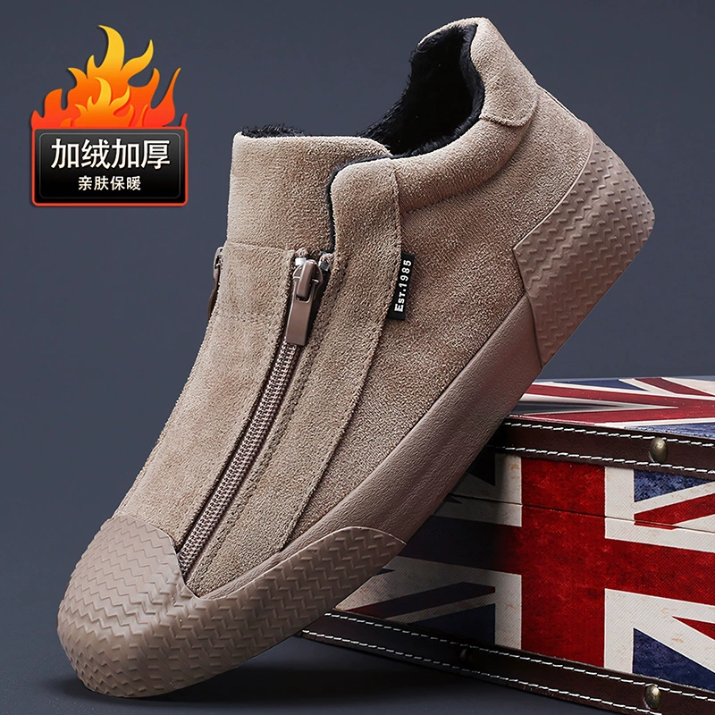 2024 зимние новые мужские туфли замши утолщенные теплые повседневные мужские хлопчатобумажные туфли модные дикие молнии низкоуровневы мужская обувь