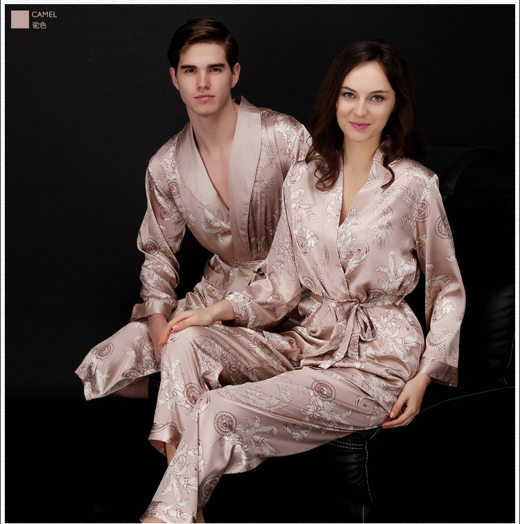 Yaoting Ice Silk Couple Pajamas Women's Summer Three-Piece Set Long Sleeve Men's Robe Bathrobe Loungewear_voghion.com