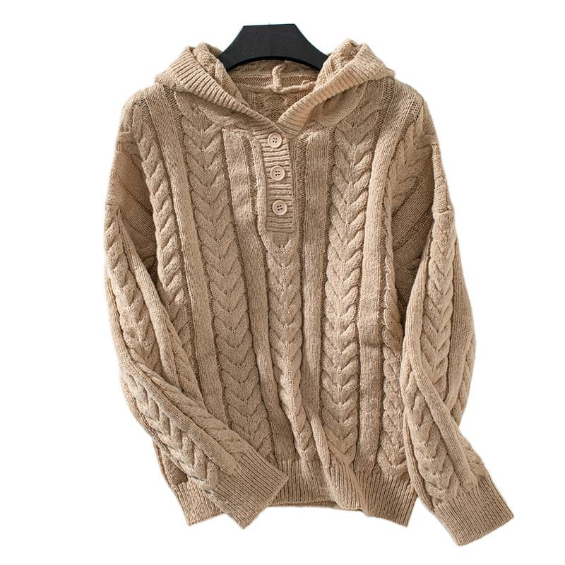 Pull à capuche épais style rétro automne/hiver pour femme avec fermeture boutonnée et maille torsadée_voghion.com