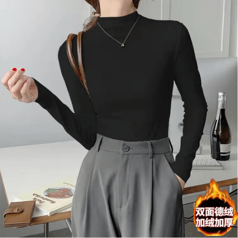 Women's half turtleneck bottoming shirt, spring, autumn and winter long-sleeved T-shirt, 2023 new pure black western style top, elegant