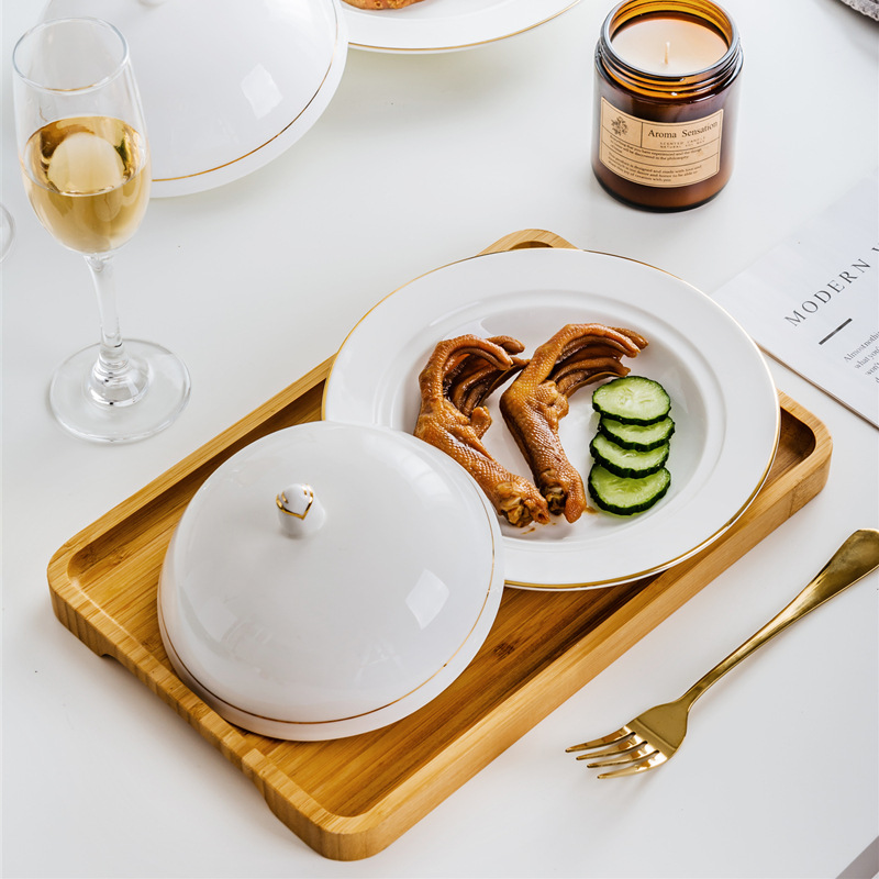 Hotel de cerámica desayuno plato occidental con tapa Placa de pasta de pepino de mar abulón plato de arroz hebilla plato de arroz de estilo japonés