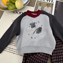 杉伴韩系男小童冬季新款加绒加厚撞色可爱印花圆领上衣男宝宝卫衣