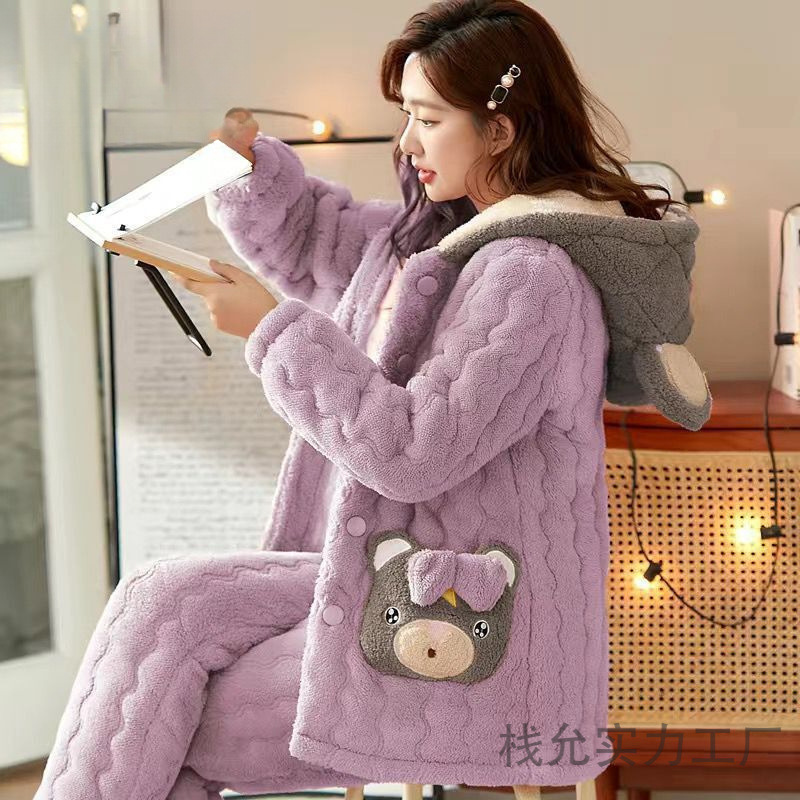 잠옷 여성의 겨울 3 층 두꺼운 퀼트 파자마 여성의 산호 양털 플란넬 가을과 겨울을위한 따뜻한 홈 옷