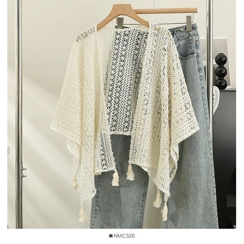 Retro ethnic holiday style knitted fringe cardigan for women, thin spring and autumn vest, matches skirt, outerwear lace robe