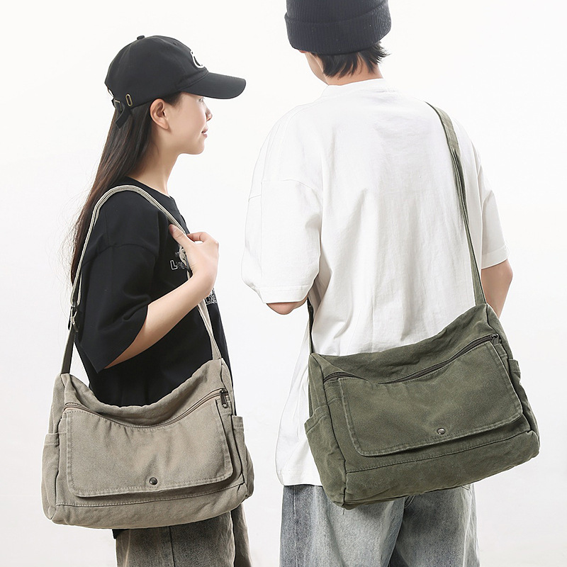 Retro Messenger Bag Washed Canvas Bag For Women 2025 New Arrival Academy Style Shoulder Bag For College Students Crossbody Bag For Men - Thumbnail 2