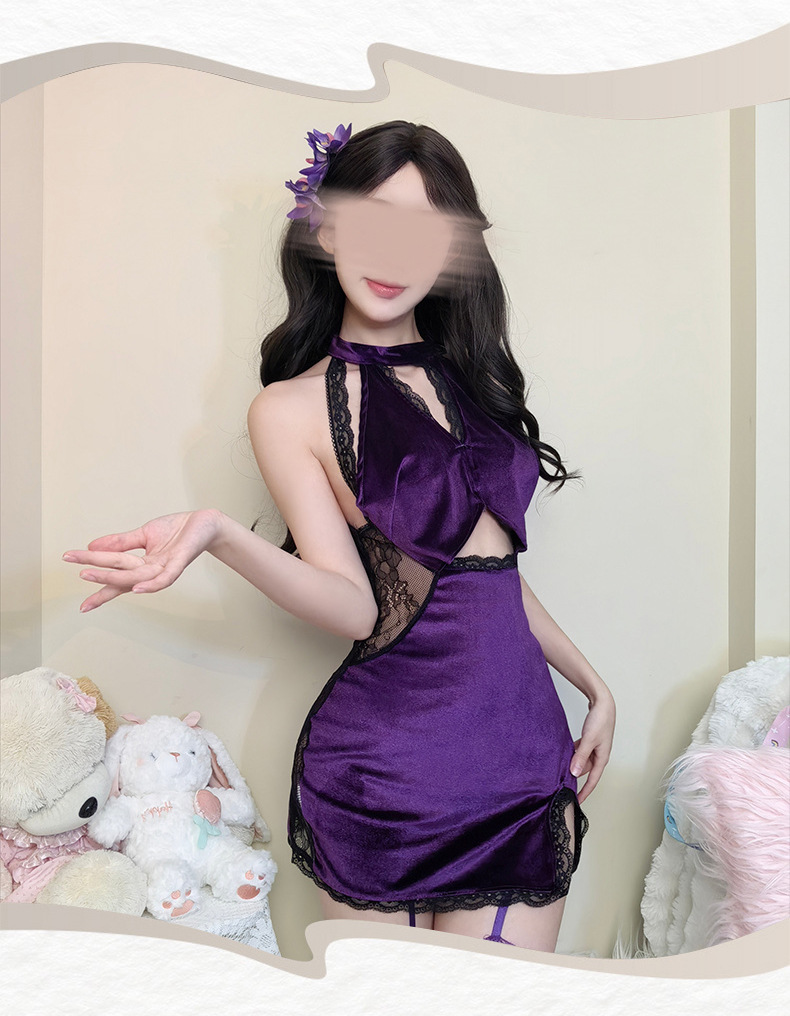 Hollow-Out Halter Cheongsam Costume Set with Purple Polyester Uniform Pajamas — detail image 7