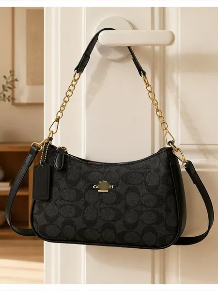 Koujia Yin crescent moon bag with spliced shoulder strap and chain, women's bag can be worn crossbody, baguette crescent bag with vintage print