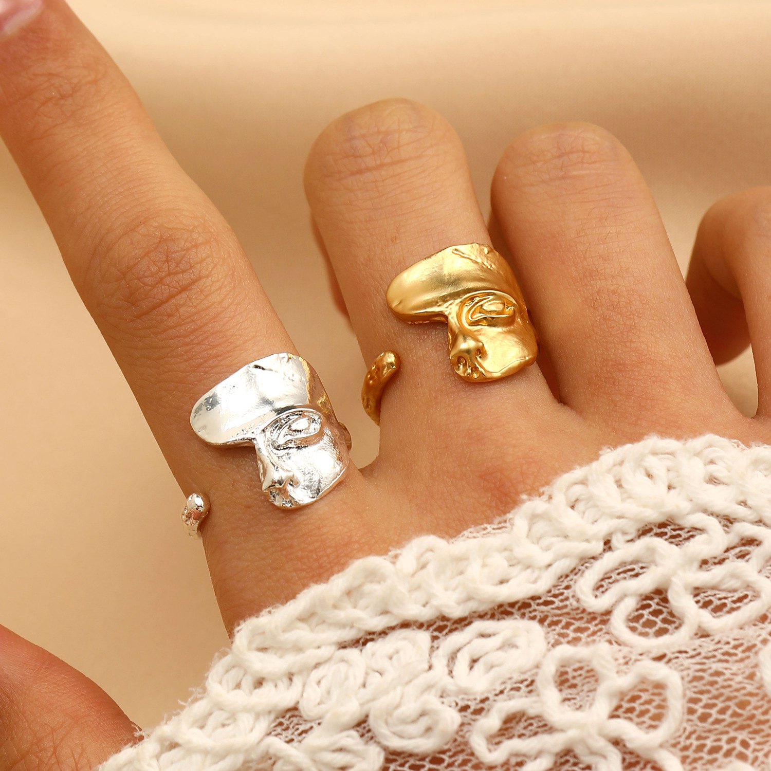 Frosted Mask Ring Men's Fashion Cold Style Open Ring Women's High Street Ins Hip-Hop Face Finger Ring