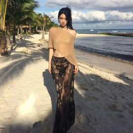 2026新款纯欲小胸辣妹比基尼慵懒风斜肩罩衫度假风透视长裙泳衣女