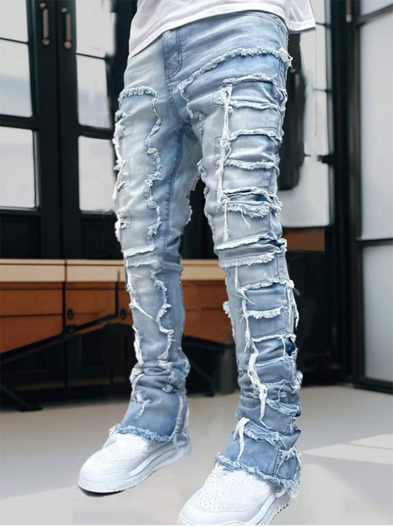 Men's Distressed Denim Jeans Slim Straight High Street Fashion Patchwork Raw Hem Casual Breathable Cotton Blend Pants_mkmklike.com