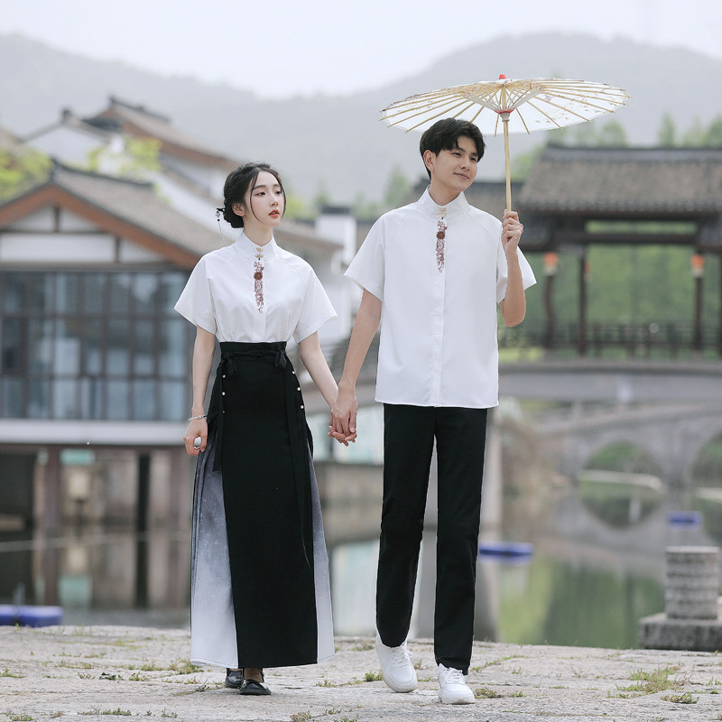 New Chinese style couple outfits, class uniforms, Chinese style graduation photos, stage costumes, performance costumes, embroidered gradient color skirts, shirts