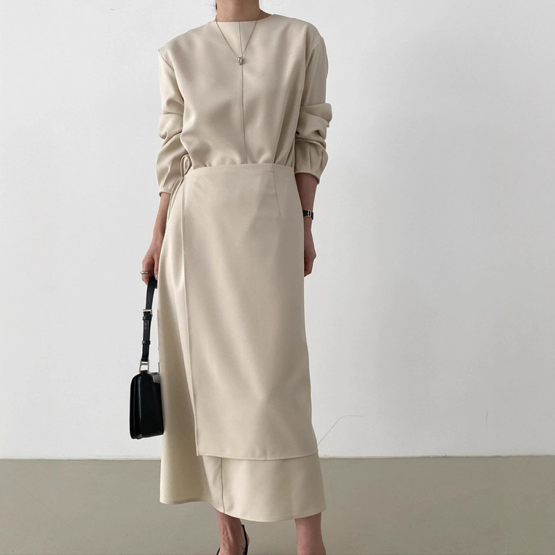 In Stock Spring and Autum New Korean Chic French Normcore Round Neck Lace-Up Apron Two-Piece Dress