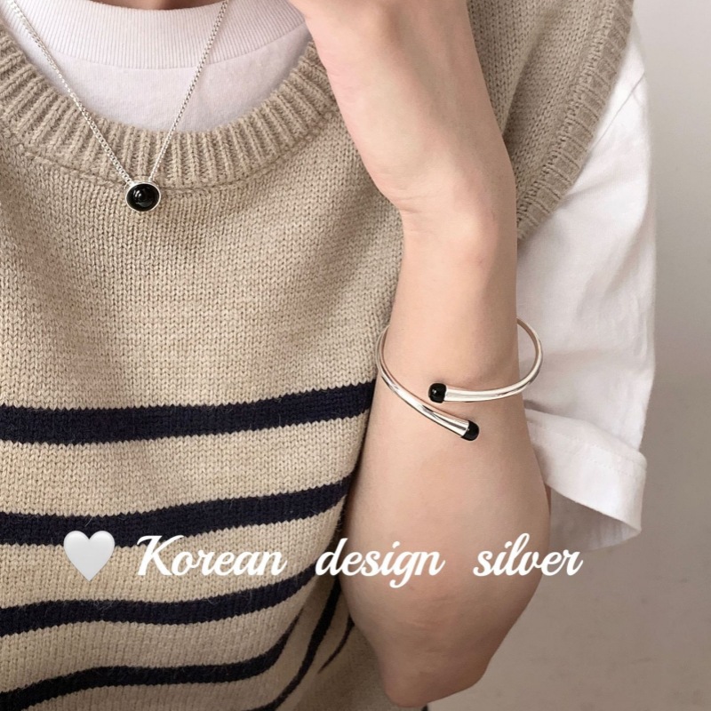 韓國東大門網紅銀飾品 S925純銀小眾設計黑交叉手鐲 時尚簡約手環