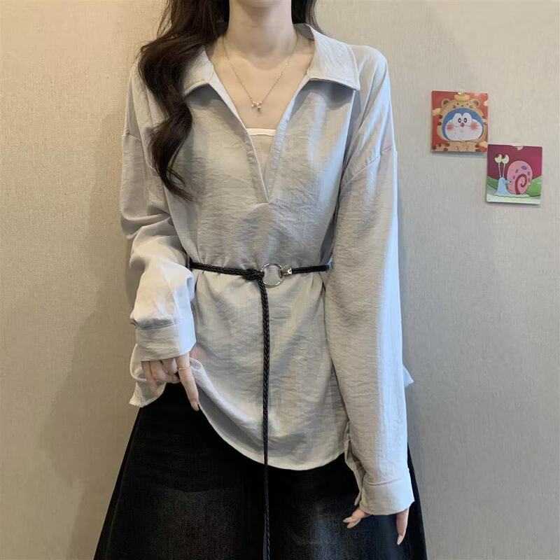 大码女装设计感衬衫女新款胖MM显瘦上衣V领系带收腰假两件洋气|undefined