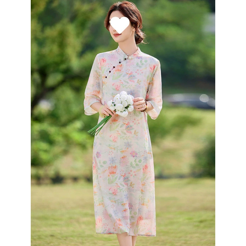 Высококачественный повседневный простой элегантный китайский стиль средней длины миниатюрный универсальный возрастной художественный ретро улучшенный Cheongsam