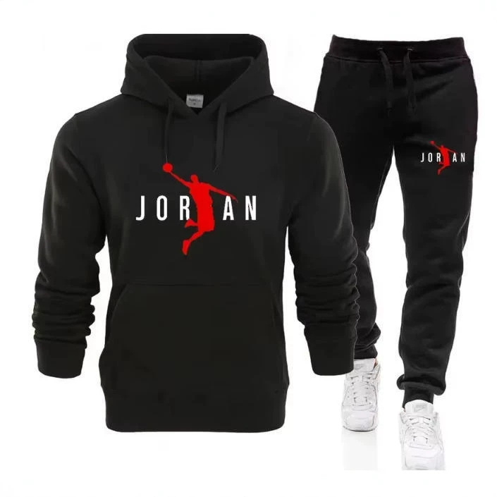 Cross-Border Men's Autumn Basketball Print Set, Hooded Sweatshirt Set, Street Casual Warm Sports Two-Piece Set