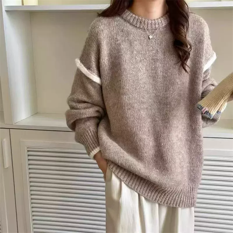 慵懒风撞色圆领毛衣针织衫秋冬设计感小众宽松韩系长袖套头上衣女