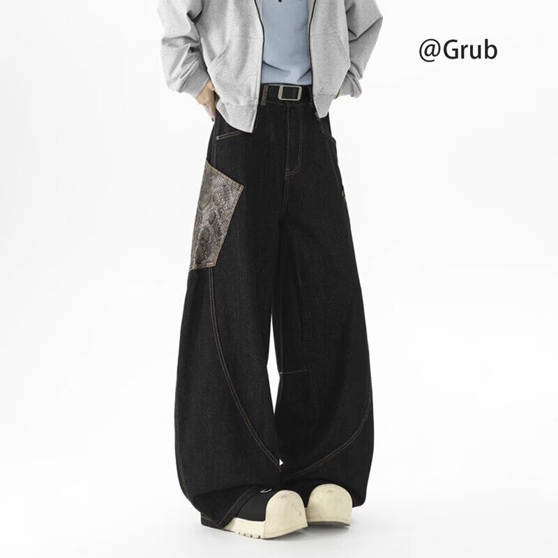 Black Straight-Leg Patchwork Deconstructed Scimitar Jeans Unisex Hip-Hop American Bf Slimming Floor-Length Wide-Leg Pants Silhouette