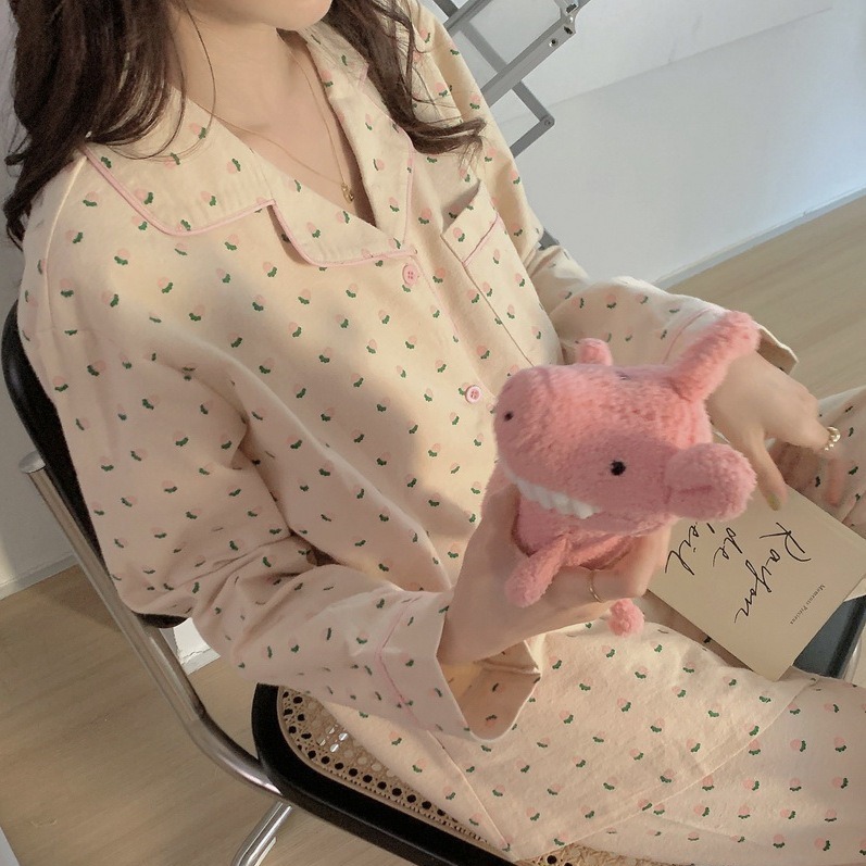 봄과 가을 면화 꽃 긴팔 딸기 파자마 여성의 새로운 달콤한 INS 스타일 샌딩 홈 의류 세트 외부 착용